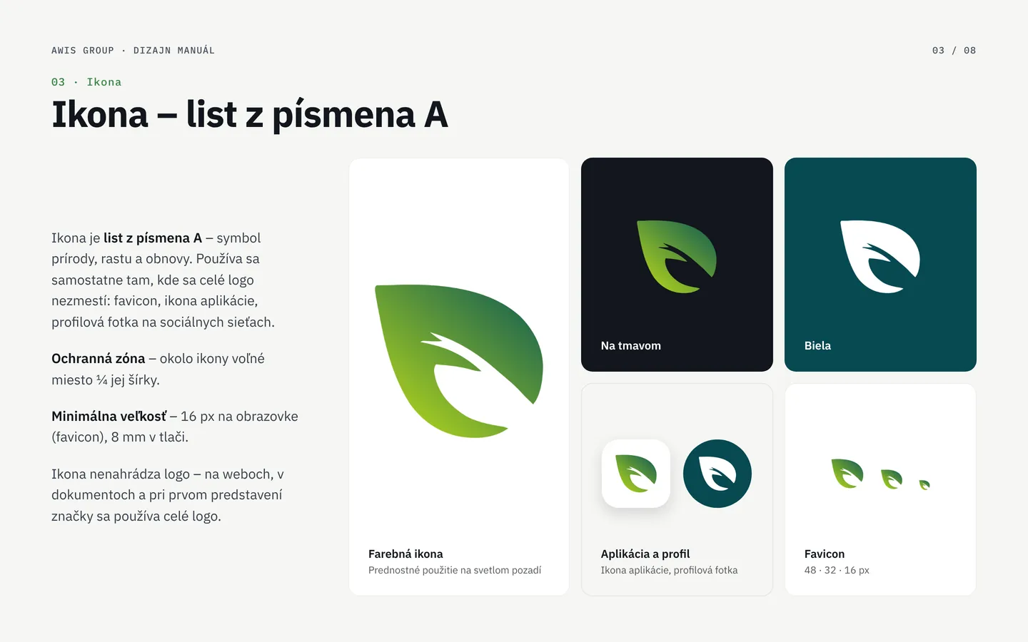Manual page: the leaf icon on light, dark and petrol backgrounds, as an app icon and a favicon