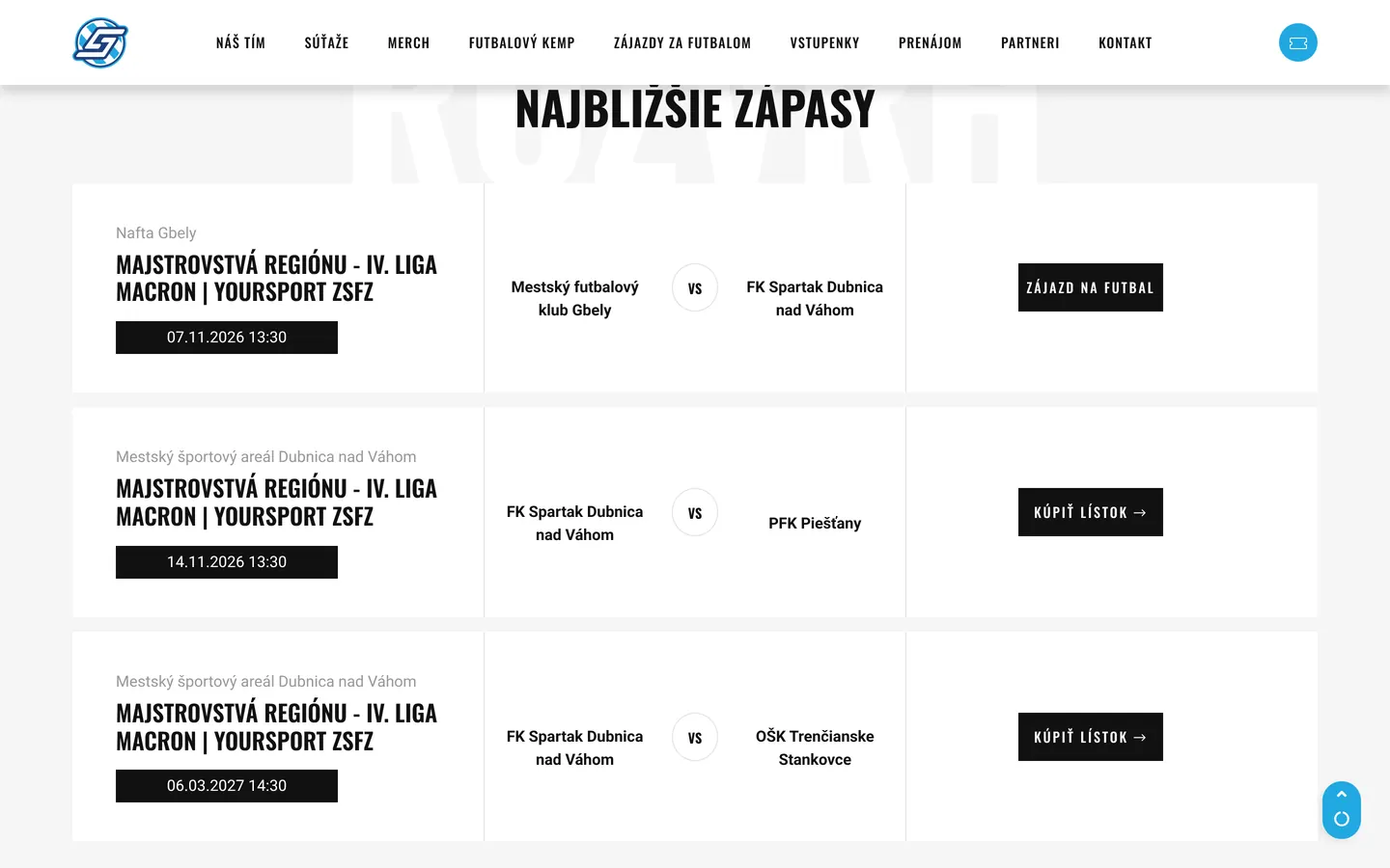 Upcoming matches with Buy ticket and Away trip buttons