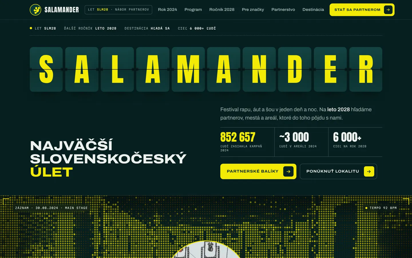 The 2028.salamander.fun home page with the SALAMANDER split-flap board on desktop and mobile