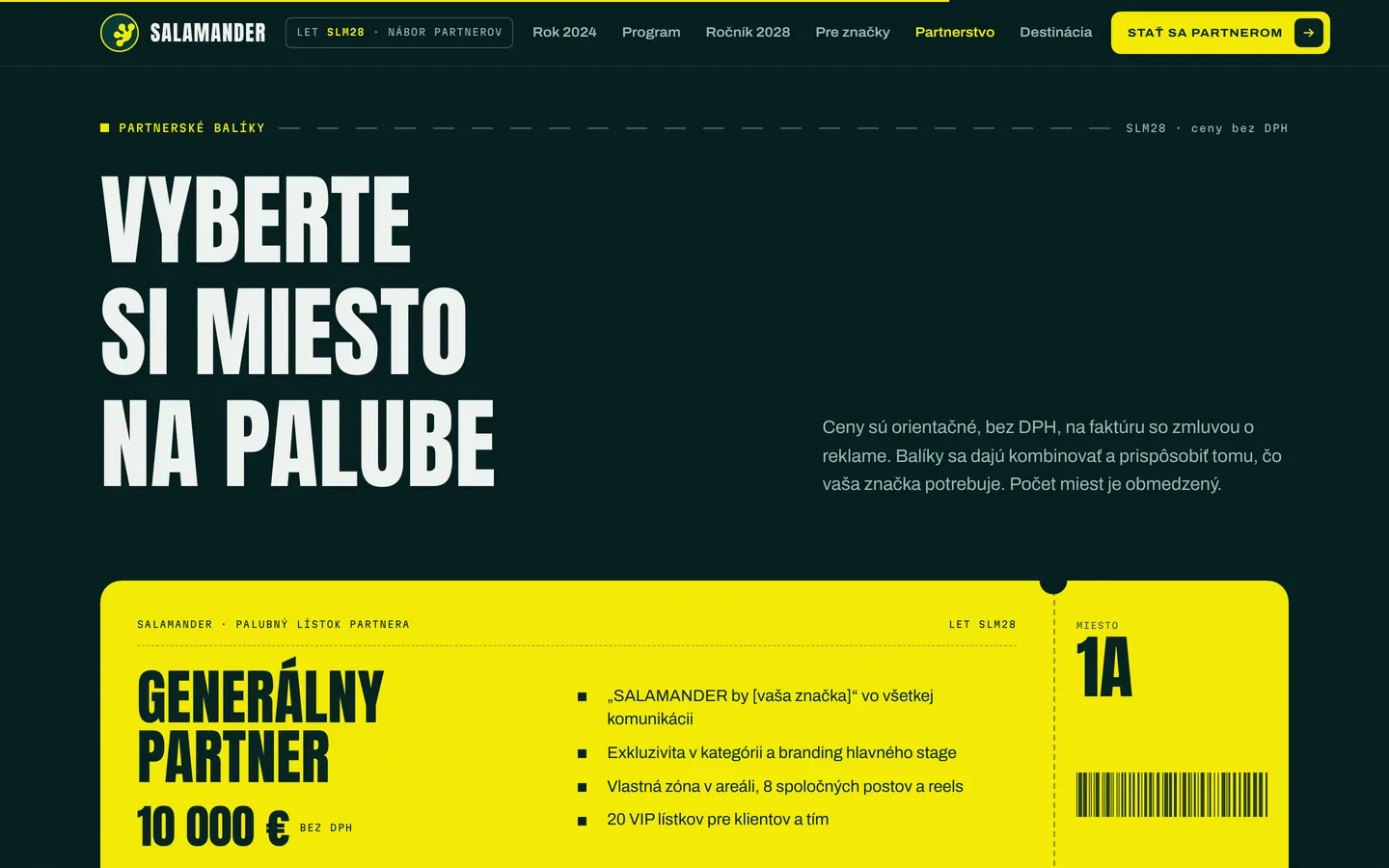 Partner packages as boarding passes on the 2028.salamander.fun website