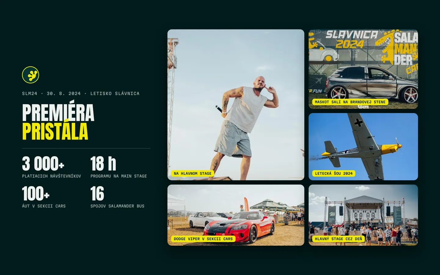 Photos from the 2024 premiere: main stage, brand wall with the mascot, air show and cars